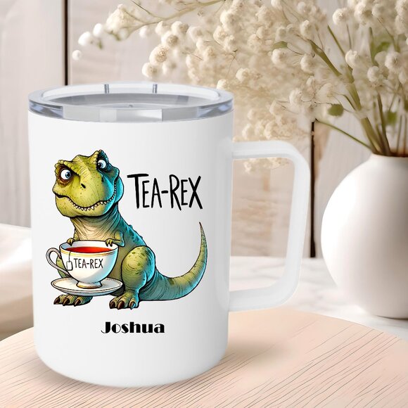 Funny T-Rex Dinosaur Mug, Custom Name 12oz Stainless Steel Mug Set - Picture 1 of 3